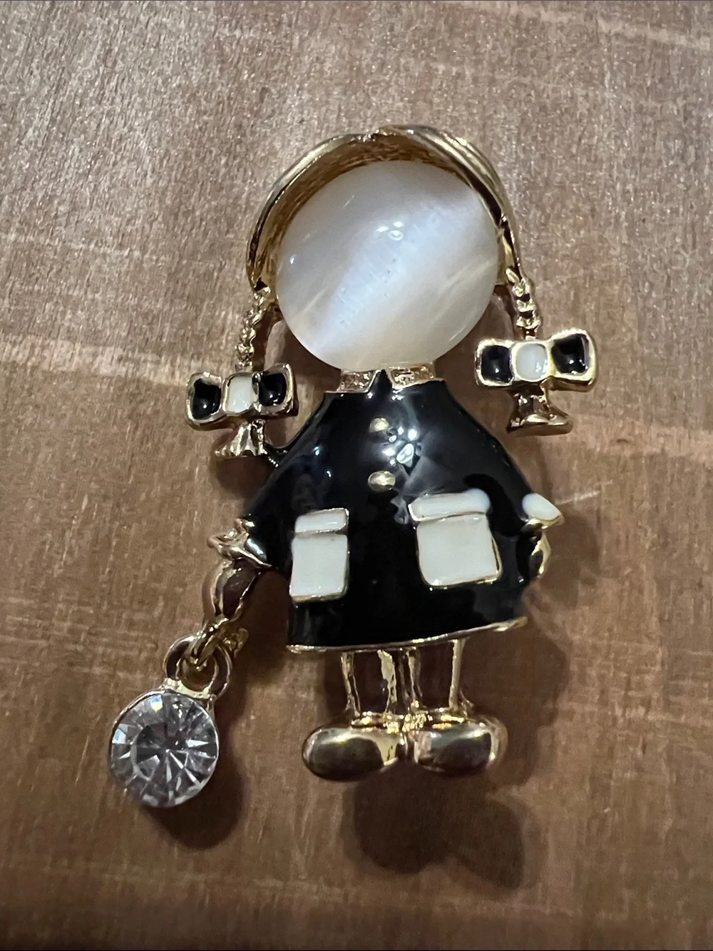 3/$18 Gold-Tone Black & White Girl Charm Pin with Crystal Accent Lot 592